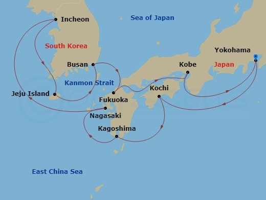 HAL Westerdam - 14 Night - Japan & South Korea Discovery - HAL Westerdam - Starting in Yokohama (Tokyo), Japan, Kochi, Japan, Kagoshima, Japan, Nagasaki, Japan, Incheon (Seou.. itinerary map