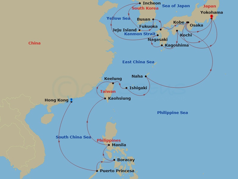 HAL Westerdam - 28 Night - the Philippines, Taiwan & Circle Japan Collector - HAL Westerdam - Starting in Hong Kong, China, Puerto Princesa, Philippines, Boracay, Philippines.. itinerary map