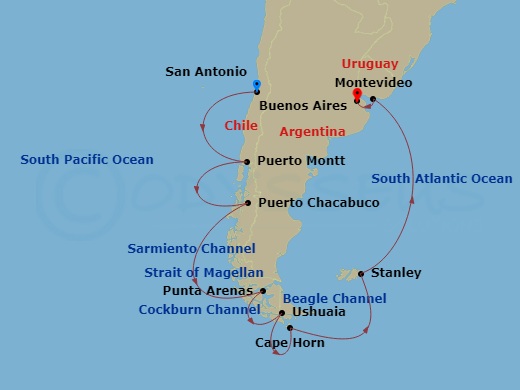 HAL Oosterdam - 14 Night - South America Passage - HAL Oosterdam - Starting in San Antonio CL (Santiago), Chile, Puerto Montt, Chile, Puerto Chacabuco, Chile, Cruising Chilea.. itinerary map