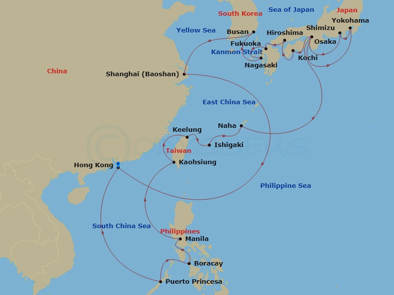 HAL Westerdam - 28 Night - the Philippines, China & Japan Collector - HAL Westerdam - Starting in Hong Kong, China, Puerto Princesa, Philippines, Boracay, Philippines, Manila.. itinerary map