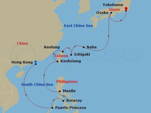 HAL Westerdam - 14 Night - the Philippines, Taiwan & Japan - HAL Westerdam - Starting in Hong Kong, China, Puerto Princesa, Philippines, Boracay, Philippines, Manila, Philipp.. itinerary map