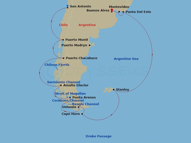 HAL Oosterdam - 22 Night - South America & Antarctica - HAL Oosterdam - Starting in San Antonio CL (Santiago), Chile, Puerto Montt, Chile, Puerto Chacabuco, Chile, Cruising C.. itinerary map