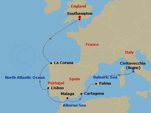 Queen Victoria - 11 Night - Italy, Spain and Portugal - Queen Victoria - Starting in Civitavecchia (tours to Rome), Italy, Palma De Mallorca, Spain, Cartagena ES, Malaga (tour.. itinerary map