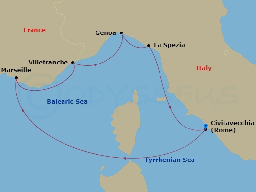Queen Victoria - 7 Night - France and Italy - Queen Victoria - Starting in Civitavecchia (tours to Rome), Italy, Marseille, France, Villefranche, France, Genoa, Italy, La Spez.. itinerary map