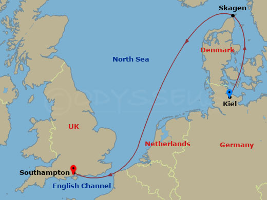 Queen Anne - 3 Night - Kiel to Southampton - Queen Anne - Starting in Kiel, Germany, Skagen, Denmark, Southampton, England, UK itinerary map