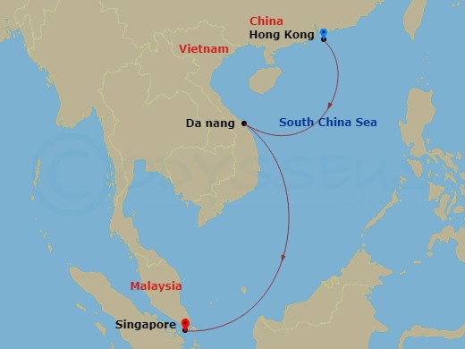 Queen Mary 2 - 6 Night - Hong Kong to Singapore - Queen Mary 2 - Starting in Hong Kong, China, Chan May (tours to Hue or Da Nang), Vietnam, Singapore itinerary map