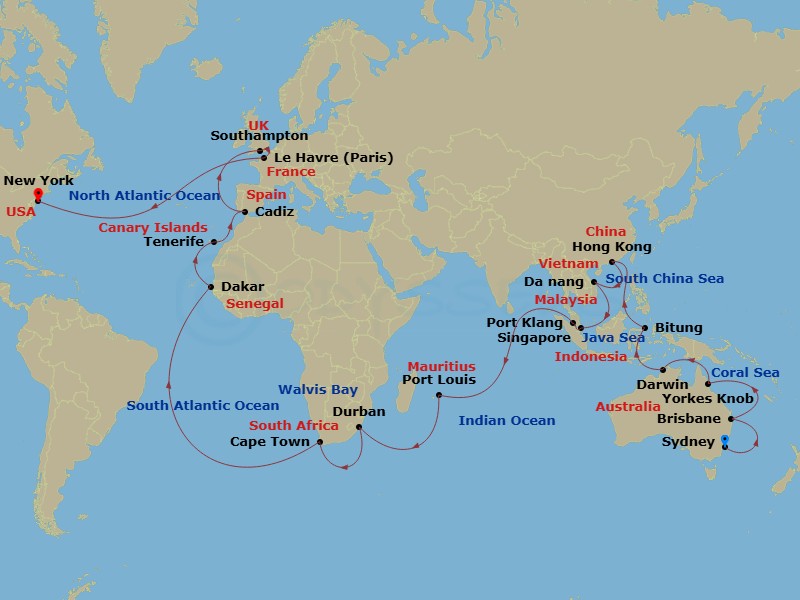 Queen Mary 2 - 65 Night - Sydney to New York - Queen Mary 2 - Starting in Sydney AU, Australia, Brisbane, Australia, Yorkeys Knob (tours to Cairns), Australia, Darwin, NT, A.. itinerary map