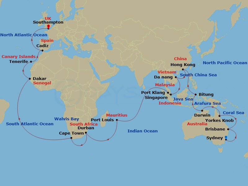 Queen Mary 2 - 57 Night - Sydney to Southampton - Queen Mary 2 - Starting in Sydney AU, Australia, Brisbane, Australia, Yorkeys Knob (tours to Cairns), Australia, Darwin, NT.. itinerary map
