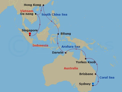 Queen Mary 2 - 24 Night - Sydney to Singapore - Queen Mary 2 - Starting in Sydney AU, Australia, Brisbane, Australia, Yorkeys Knob (tours to Cairns), Australia, Darwin, NT,.. itinerary map