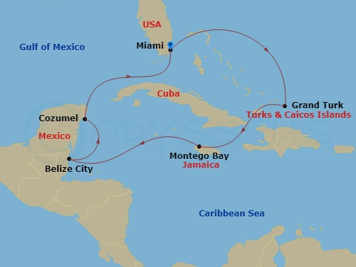 Queen Elizabeth - 9 Night - Western Caribbean - Queen Elizabeth - Starting in Miami, FL, Grand Turk, Turks and Caicos Islands, Montego Bay, Jamaica, Belize City, Belize, Cozume.. itinerary map