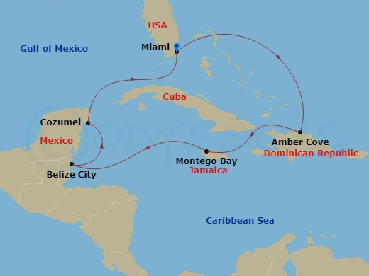 Queen Elizabeth - 9 Night - Western Caribbean - Queen Elizabeth - Starting in Miami, FL, Amber Cove, Dominican Republic, Montego Bay, Jamaica, Belize City, Belize, Cozumel, Mex.. itinerary map