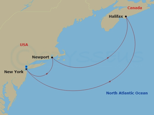 Queen Mary 2 - 7 Night - 250Th Independence Day Celebration - Queen Mary 2 - Starting in New York, NY, Newport, RI, Halifax, NS, Canada, New York, NY itinerary map