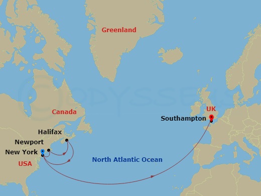 Queen Mary 2 - 14 Night - Transatlantic Crossing, New England and Canada - Queen Mary 2 - Starting in New York, NY, Newport, RI, Halifax, NS, Canada, New York, NY, Southampt.. itinerary map