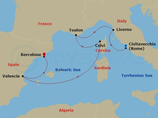 Queen Victoria - 7 Night - Italy, France and Spain - Queen Victoria - Starting in Civitavecchia (tours to Rome), Italy, Livorno (tours to Florence or Pisa), Italy, La Seyne-su.. itinerary map