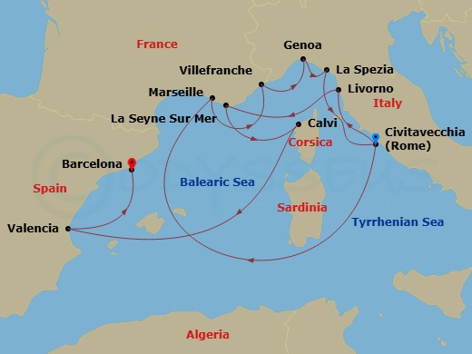Queen Victoria - 14 Night - Italy, France and Spain - Queen Victoria - Starting in Civitavecchia (tours to Rome), Italy, Marseille, France, Villefranche, France, Genoa, Italy,.. itinerary map