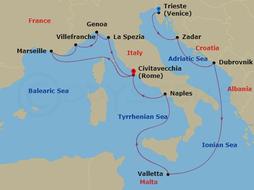 Queen Victoria - 14 Night - Adriatic and Western Mediterranean - Queen Victoria - Starting in Trieste, Italy, Zadar, Croatia, Dubrovnik, Croatia, Valletta, Malta, Naples (tour.. itinerary map