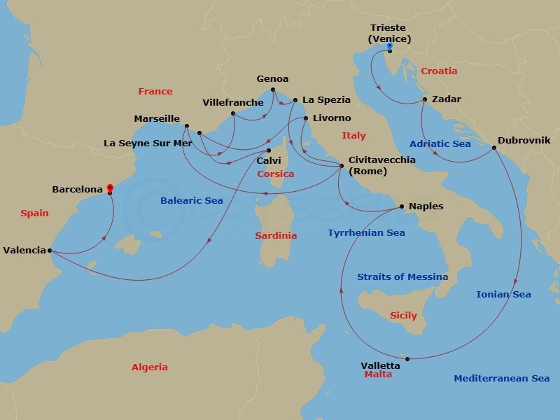 Queen Victoria - 21 Night - Adriatic and Western Mediterranean - Queen Victoria - Starting in Trieste, Italy, Zadar, Croatia, Dubrovnik, Croatia, Valletta, Malta, Naples (tour.. itinerary map
