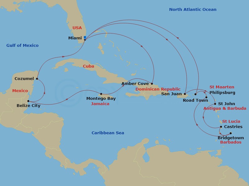 Queen Elizabeth - 21 Night - Caribbean Roundtrip from Miami - Queen Elizabeth - Starting in Miami, FL, Amber Cove, Dominican Republic, Montego Bay, Jamaica, Belize City, Belize.. itinerary map