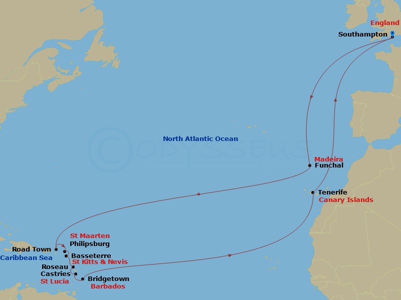 Queen Victoria - 28 Night - Eastern Caribbean - Queen Victoria - Starting in Southampton, England, UK, Funchal, Madeira, Portugal, Road Town, Tortola, Philipsburg, St Maarten,.. itinerary map