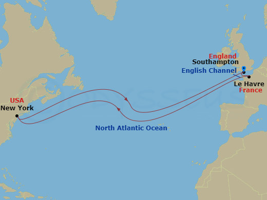 Queen Mary 2 - 15 Night - Roundtrip Transatlantic Crossing - Queen Mary 2 - Starting in Southampton, England, UK, Le Havre, France, New York, NY, Southampton, England, UK itinerary map