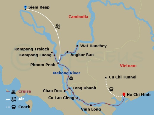 Avalon Saigon Cruise Tours - 12 Night - Fascinating Vietnam, Cambodia & the Mekong River (Southbound) - Avalon Saigon Cruise Tours - Starting in Siem Reap, Cambodia, Siem Reap, Siem Reap.. itinerary map