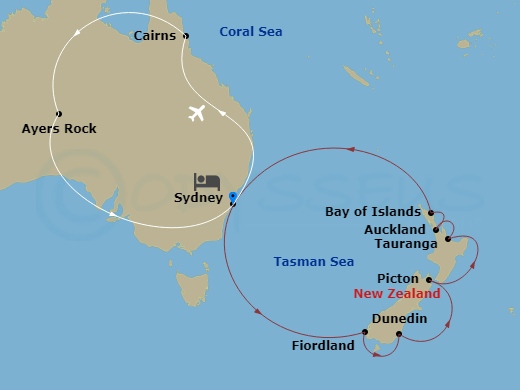 Discovery Princess Cruise Tours - 20 Night - Australian Outback - Tour 3I - Discovery Princess Cruise Tours - Starting in Sydney AU, Cairns, Australia, Uluru (Ayers Rock), Australia, Sydney AU.. itinerary map
