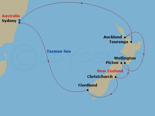 Discovery Princess - 14 Night - New Zealand - Discovery Princess - Starting in Sydney AU, Tauranga, New Zealand, Auckland, New Zealand, Picton, New Zealand, Wellington, New Zealan.. itinerary map