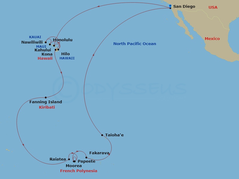 HAL Nieuw Amsterdam - 35 Night - Hawaii, Tahiti & Marquesas - HAL Nieuw Amsterdam - Starting in San Diego, California, Kahului, Maui, Hilo, Hawaii, Honolulu, Hawaii, Nawiliwili, Ka.. itinerary map