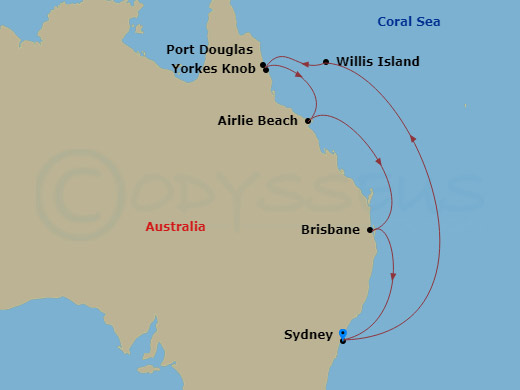 Discovery Princess - 10 Night - Queensland with Great Barrier Reef - Discovery Princess - Starting in Sydney AU, Willis Island, Australia, Port Douglas, Australia, Yorkeys Knob (C.. itinerary map