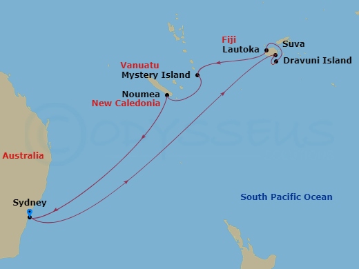 Discovery Princess - 13 Night - Australia / New Zealand Roundtrip from Sydney - Discovery Princess - Starting in Sydney AU, Suva, Fiji, Dravuni Island, Fiji, Lautoka, Fiji, Myster.. itinerary map