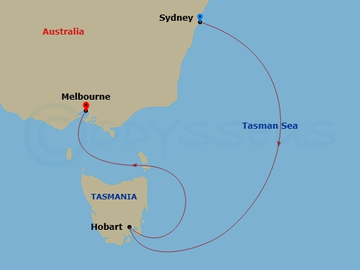 Crown Princess - 4 Night - Australia Seacation - Crown Princess - Starting in Sydney AU, Hobart, Australia, Melbourne, Australia itinerary map