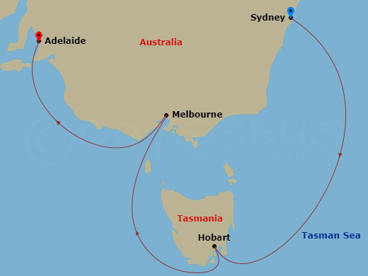 Crown Princess - 6 Night - Southern Australia Explorer - Crown Princess - Starting in Sydney AU, Hobart, Australia, Melbourne, Australia, Adelaide, Australia itinerary map