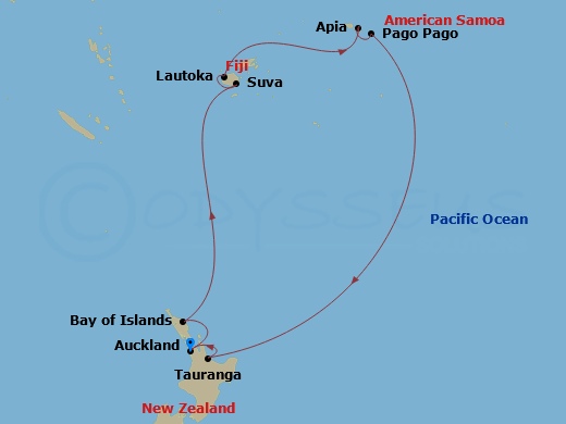 Celebrity Edge - 13 Night - Fiji & New Zealand Cruise - Celebrity Edge - Starting in Auckland, New Zealand, Bay of Islands, New Zealand, Suva, Fiji, Lautoka, Fiji, Apia, Samoa.. itinerary map