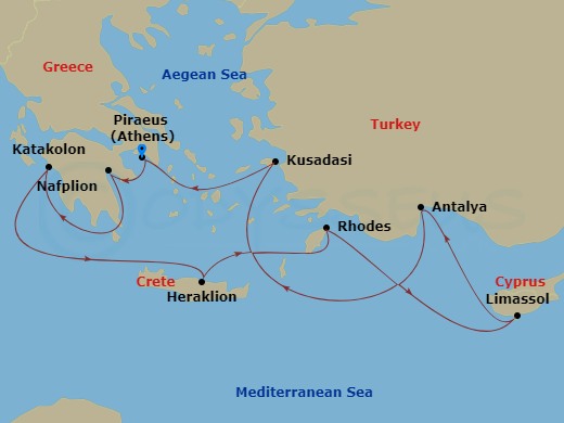 Celebrity Infinity - 11 Night - Best of Greece Cruise - Celebrity Infinity - Starting in Athens (Piraeus), Greece, Nafplio, Greece, Olympia (Katakolon), Greece, Heraklion (Iraklio.. itinerary map