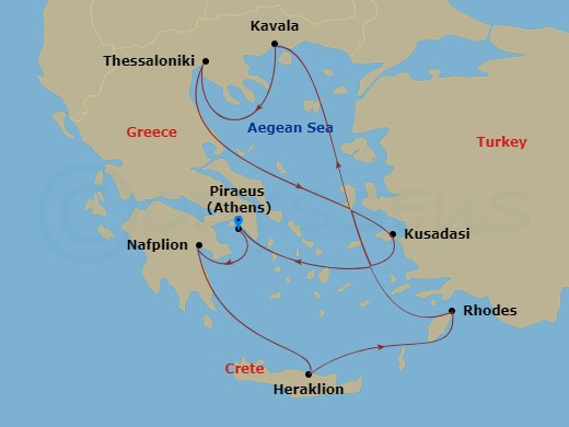 Celebrity Infinity - 10 Night - Best of Greece Cruise - Celebrity Infinity - Starting in Athens (Piraeus), Greece, Nafplio, Greece, Heraklion (Iraklion), Crete, Rhodes, Greece, Ka.. itinerary map