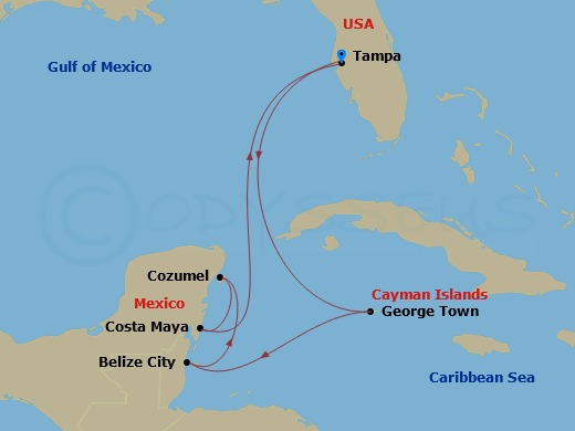 RCL Rhapsody of the Seas - 8 Night - Western Caribbean Cruise - RCL Rhapsody of the Seas - Starting in Tampa, Florida, George Town, Grand Cayman, Belize City, Belize, Cozumel, Mexico, P.. itinerary map
