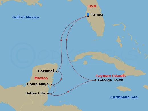 RCL Rhapsody of the Seas - 8 Night - Western Caribbean Cruise - RCL Rhapsody of the Seas - Starting in Tampa, Florida, George Town, Grand Cayman, Belize City, Belize, Puerto Costa Maya,.. itinerary map