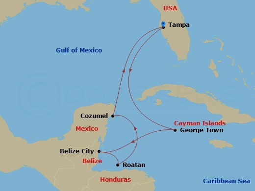 RCL Rhapsody of the Seas - 8 Night - Western Caribbean Cruise - RCL Rhapsody of the Seas - Starting in Tampa, Florida, George Town, Grand Cayman, Belize City, Belize, Roatan, Honduras,.. itinerary map