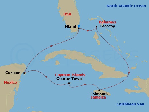 RCL Independence of the Seas - 7 Night - Western Caribbean & Perfect Day - RCL Independence of the Seas - Starting in Miami, Florida, Perfect Day Cococay, Bahamas, Falmouth, Jamaica, George.. itinerary map