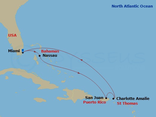 RCL Independence of the Seas - 7 Night - Eastern Caribbean Holiday - RCL Independence of the Seas - Starting in Miami, Florida, Nassau, Bahamas, San Juan, Puerto Rico, Charlotte Amalie, St.. itinerary map
