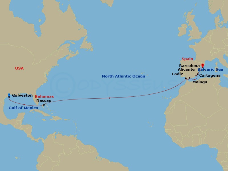 RCL Harmony of the Seas - 16 Night - Spain & Bahamas Transatlantic - RCL Harmony of the Seas - Starting in Galveston, Texas, Nassau, Bahamas, Seville (Cadiz), Spain, Malaga, Spain, Car.. itinerary map