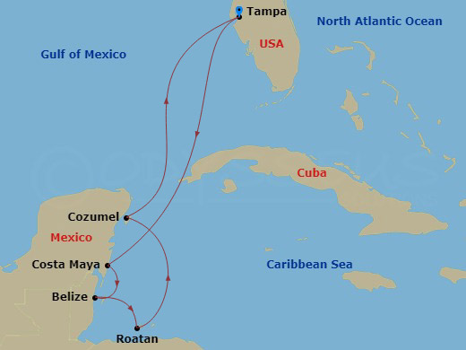 RCL Grandeur of the Seas - 7 Night - Western Caribbean Cruise - RCL Grandeur of the Seas - Starting in Tampa, Florida, Puerto Costa Maya, Mexico, Belize City, Belize, Roatan, Honduras,.. itinerary map