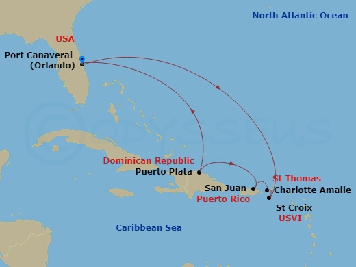 RCL Adventure of the Seas - 8 Night - Eastern Caribbean Cruise - RCL Adventure of the Seas - Starting in Orlando (Port Canaveral), Fl, Puerto Plata, Dominican Republic, San Juan, Puerto.. itinerary map