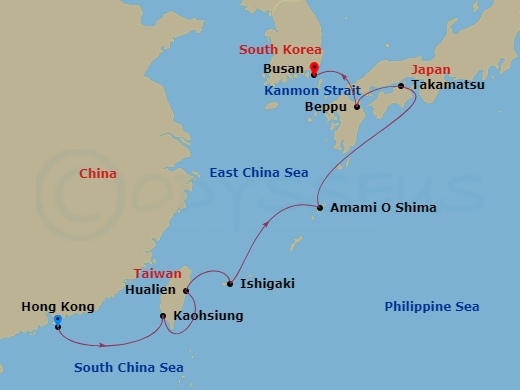 Seabourn Sojourn - 10 Night - World Cruise : Jewels of Japan - Seabourn Sojourn - Starting in Hong Kong, China, Kaohsiung, Taiwan, Hualien, Taiwan, Ishigaki Island, Japan, Sceni.. itinerary map