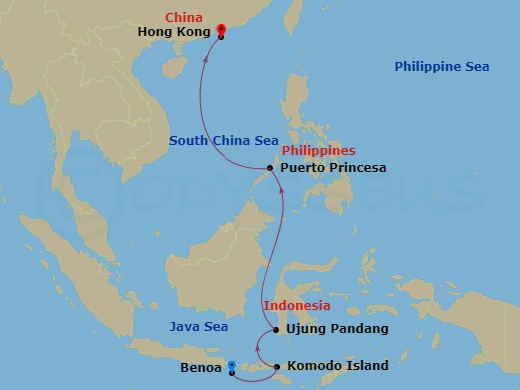 Seabourn Sojourn - 10 Night - World Cruise : Indonesia & the Philippines - Seabourn Sojourn - Starting in Benoa (Denpasar), Bali, Indonesia, Slawi Bay, Komodo Island, Indonesia,.. itinerary map