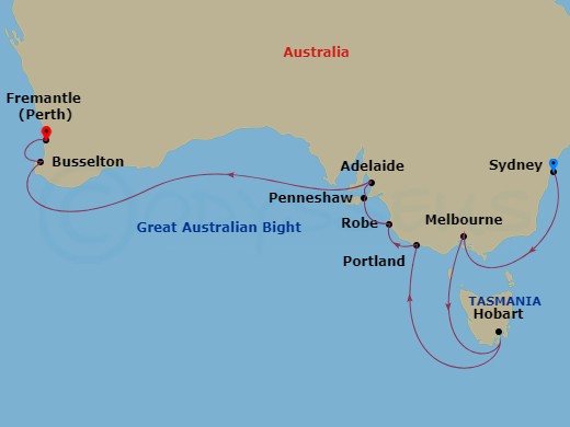 Seabourn Sojourn - 16 Night - World Cruise : Southern Australian Coasts - Seabourn Sojourn - Starting in Sydney AU, Melbourne, Australia, Hobart, Tasmania, Australia, Portland A.. itinerary map
