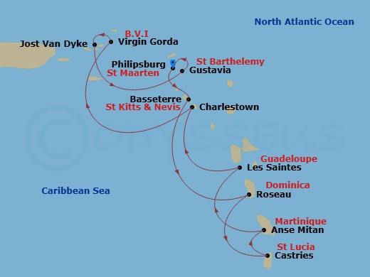 Wind Spirit - 10 Night - Blue Waters of the Leeward Islands - Wind Spirit - Starting in Philipsburg, St Maarten, Basseterre, Roseau, Castries, Anse Mitan, Les Saintes, Char.. itinerary map
