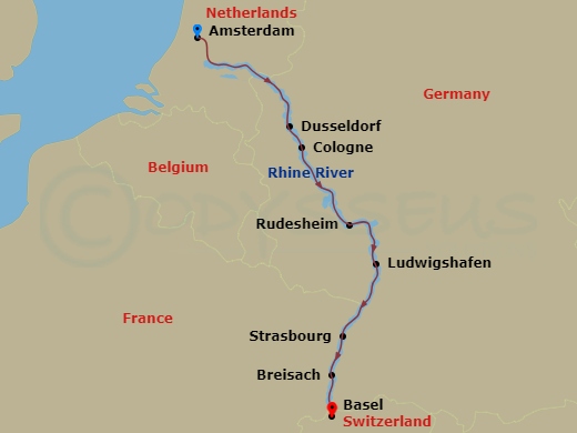 AmaPrima - 7 Night - Captivating Rhine - AmaPrima - Starting in Amsterdam, Dusseldorf, Rhine Gorge, Rudesheim, Ludwigshafen, Strasbourg, Breisach, Basel itinerary map