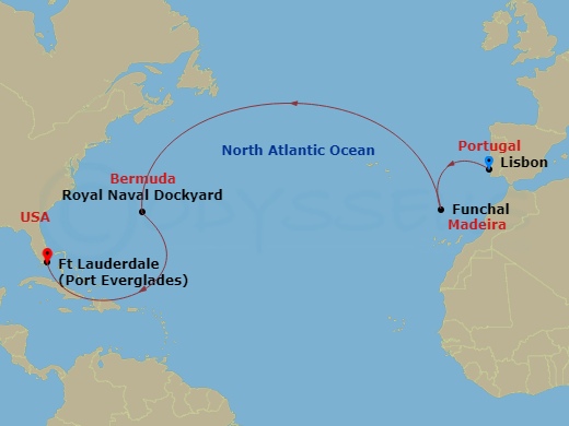 Silver Ray - 13 Night - Lisbon to Fort Lauderdale - Silver Ray - Starting in Lisbon, Funchal, Madeira, Royal Naval Dockyard, Bermuda, Fort Lauderdale, Florida itinerary map