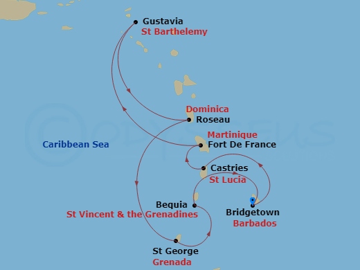Silver Spirit - 7 Night - Bridgetown to Bridgetown - Silver Spirit - Starting in Bridgetown, Castries, St Lucia, Fort-de-France, Gustavia, St Barthelemy, Roseau, St Georges,.. itinerary map
